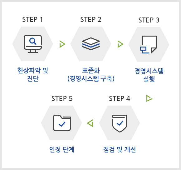 STEP 1.준비 및 교육단계 → STEP 2.현상파악 단계 → STEP 3.표준화 단계 → STEP 4.실행 단계 → STEP 5.보완 예비 인정단계 → STEP 6.인정 단계