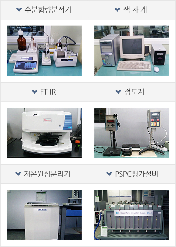 수분함량분석기, 색차계, FT-IR, 점도계, 저온원심분리기, PSPC평가설비