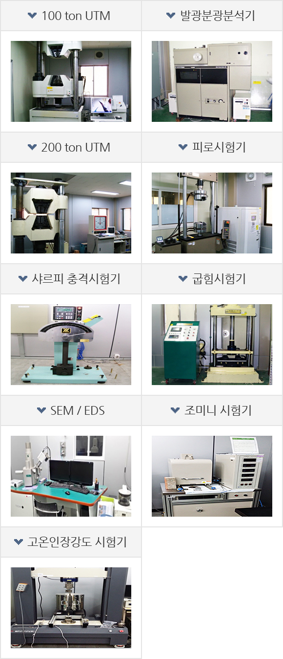 100 ton UTM, 발광분광분석기, 200 ton UTM, 피로시험기, 샤르피 충격시험기, 굽힘시험기, SEM / EDS, 조미니 시험기, 고온인장강도 시험기