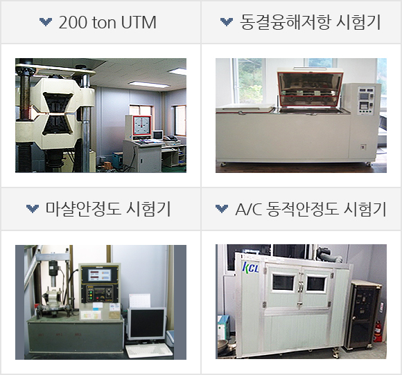200 ton UTM, 동결융해저항 시험기, 마샬안정도 시험기, A/C 동적안정도 시험기