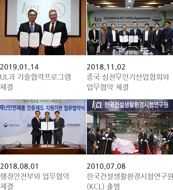 2019.01.14 UL과 기술협력프로그램 체결, 2018.11.02 중국 심천무인기산업협회와 업무협약 체결, 2018.08.01 행정안전부와 업무협약 체결 2010.07.08 한국건설생활환경시험연구원(KCL)출범