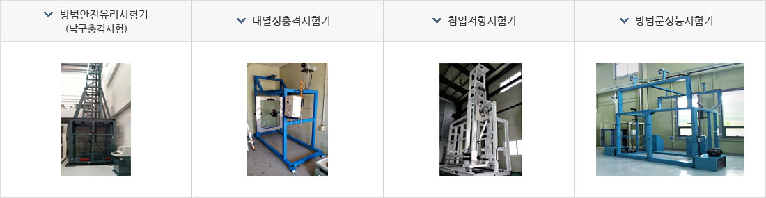 방범안전유리시험기(낙구충격시험), 내열성충격시험기, 침입저항시험기, 방범문성능시험기